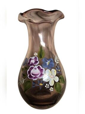Fenton for Teleflora amethyst purple glass vase ruffled top  hand-painted floral
